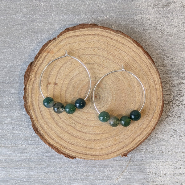 Green Moss Agate & Sterling Silver Hoop Earrings