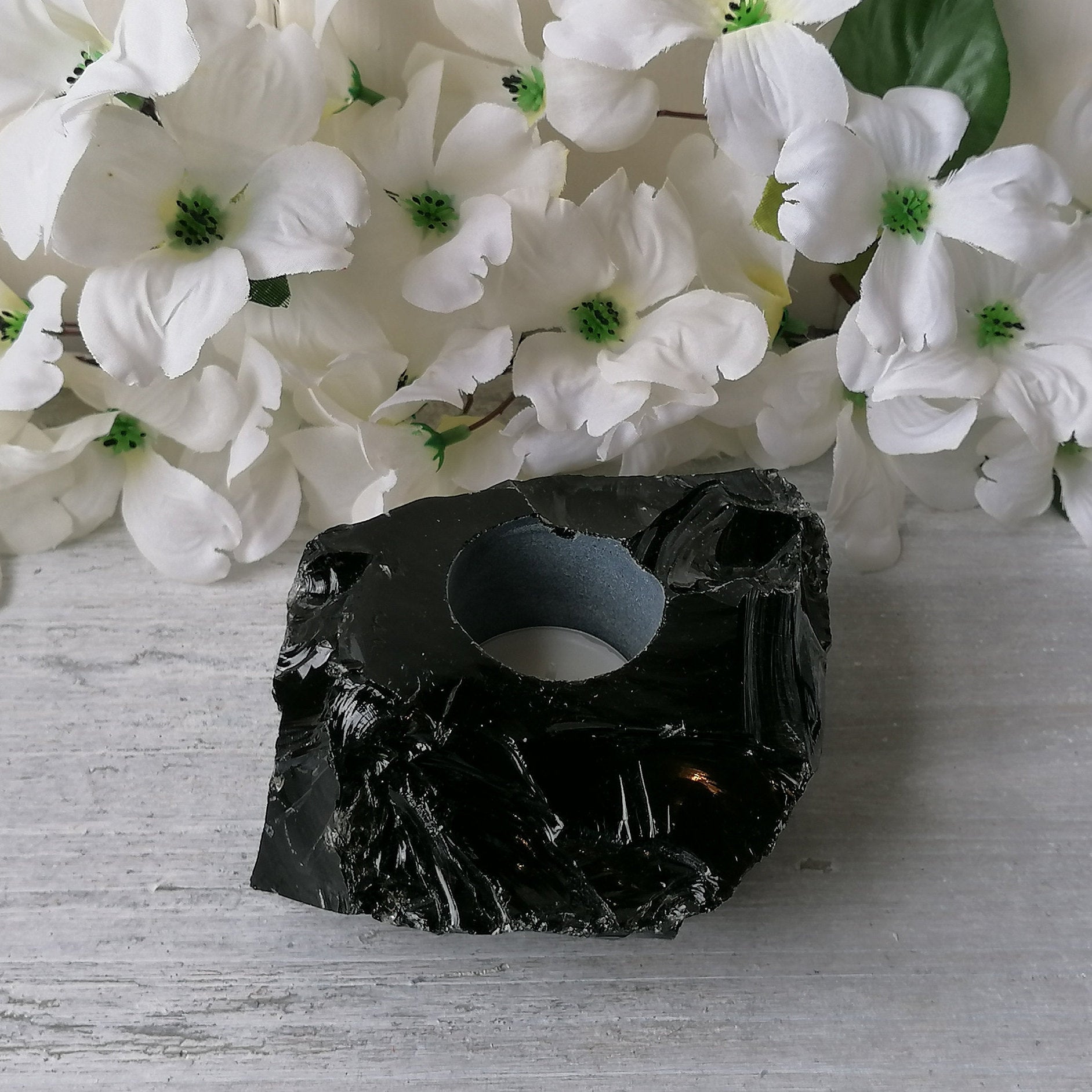 Raw Black Obsidian Tealight Holder