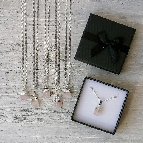 Mini Raw Rose Quartz Necklace in Gift Box