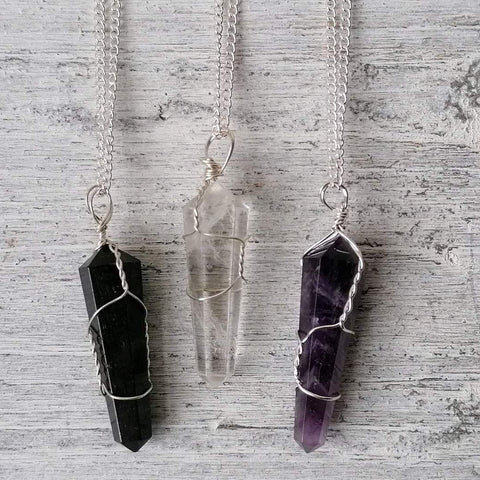 Crystal Wire Wrap Necklaces - Amethyst, Clear Quartz and Black Tourmaline