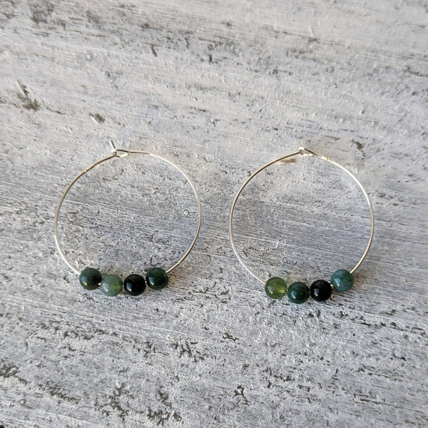 Genuine Green Moss Agate & Sterling Silver Hoop Earrings in Gift Box