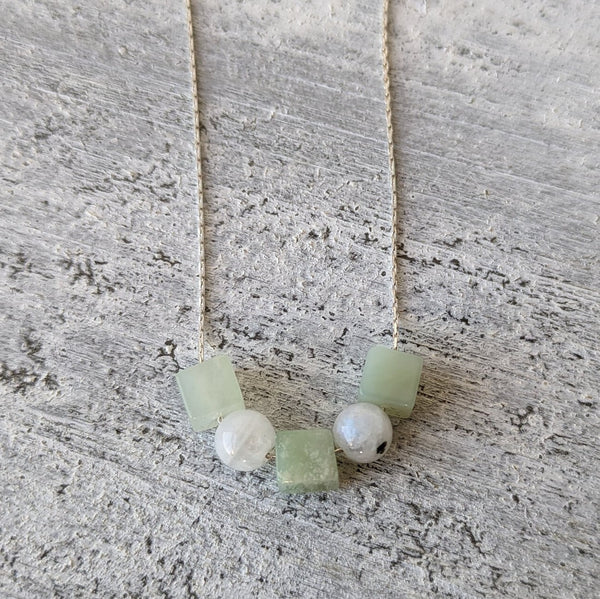 Genuine Jade & Moonstone Crystal Bead Sterling Silver Necklace