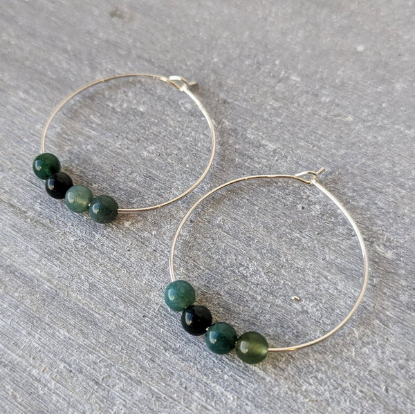 Genuine Green Moss Agate & Sterling Silver Hoop Earrings in Gift Box