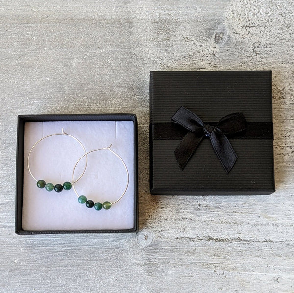 Genuine Green Moss Agate & Sterling Silver Hoop Earrings in Gift Box