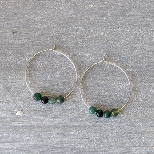 Genuine Green Moss Agate & Sterling Silver Hoop Earrings in Gift Box