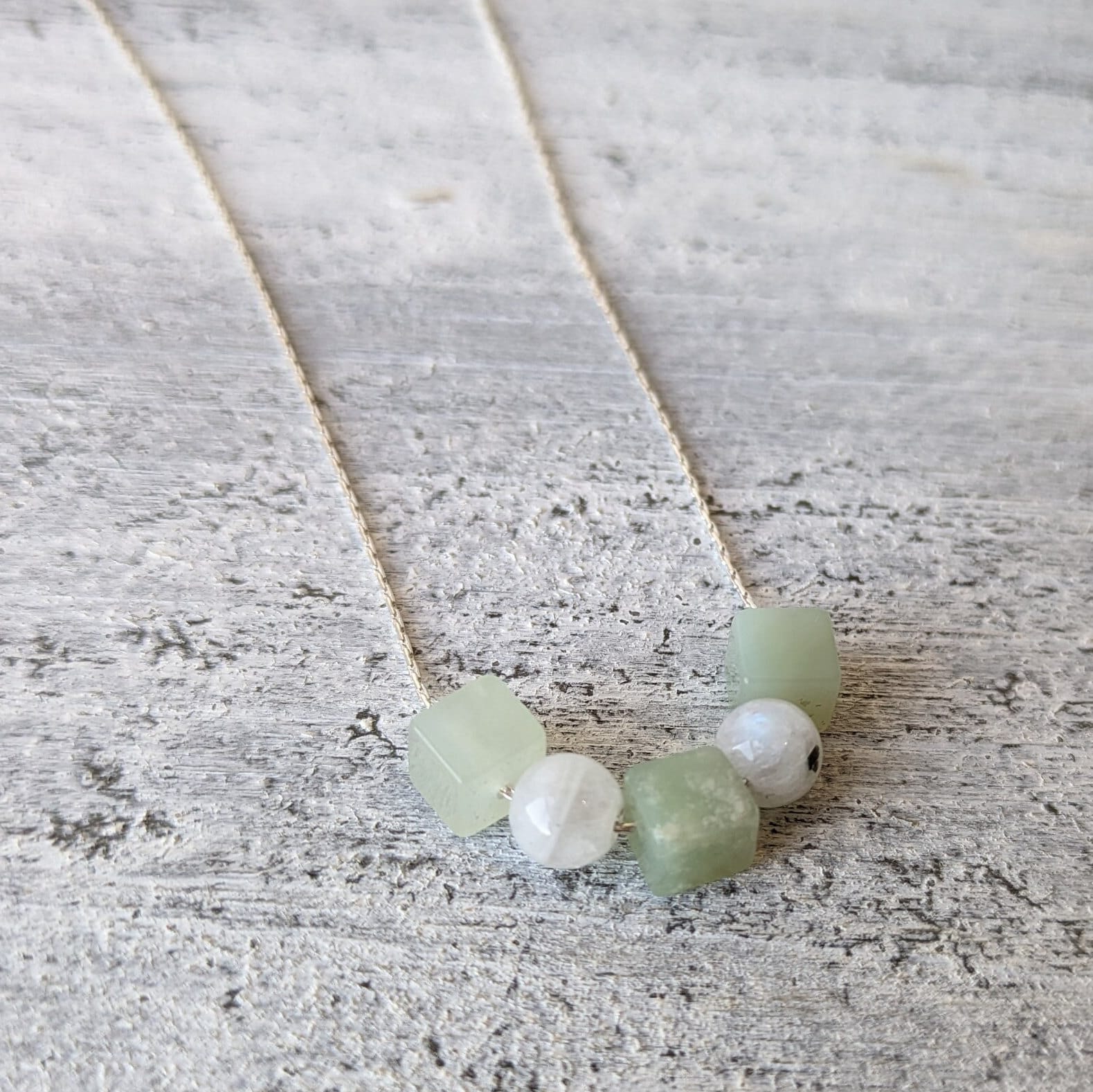 Genuine Jade & Moonstone Crystal Bead Sterling Silver Necklace