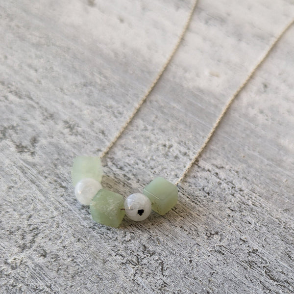 Genuine Jade & Moonstone Crystal Bead Sterling Silver Necklace