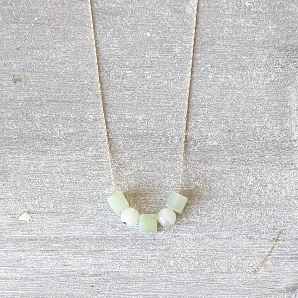 Genuine Jade & Moonstone Crystal Bead Sterling Silver Necklace